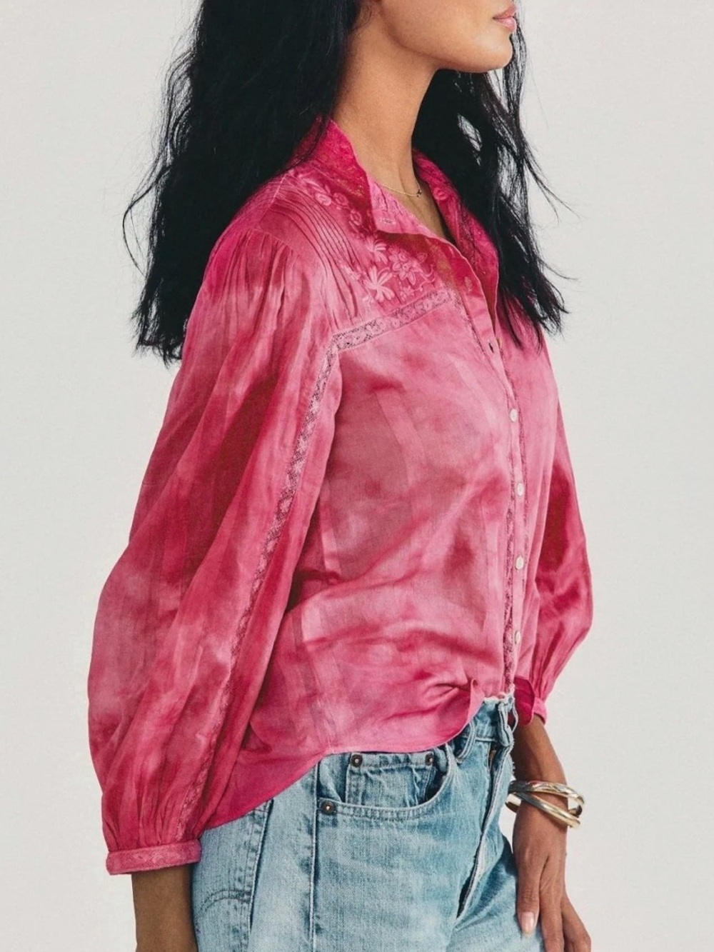 Loveshackfancy Rhonda Cotton Lace Hand Dye Hot Pink Blouse Medium